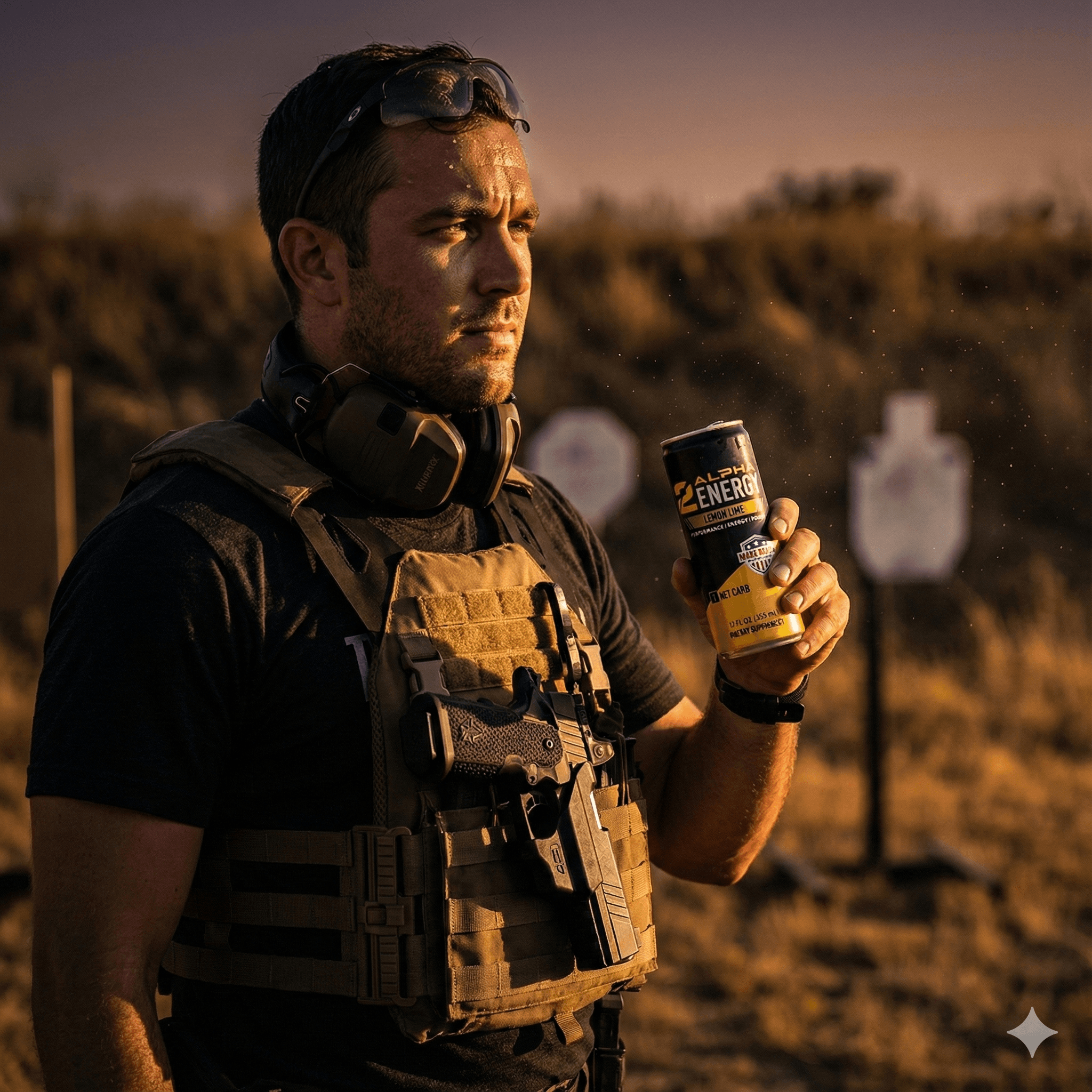 GM/M-class shooter at range with Alpha Energy drink