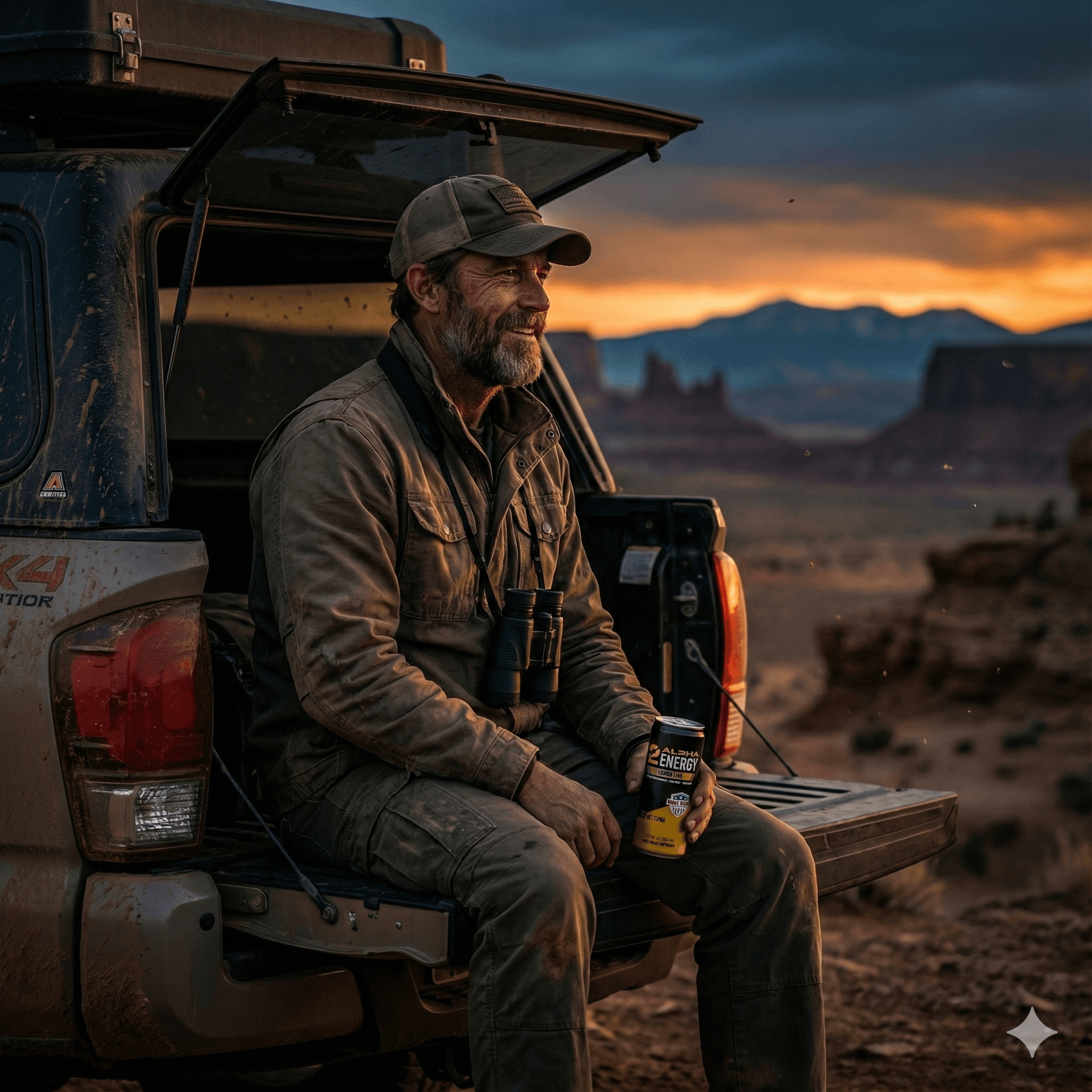 Hunter overlander with Alpha Energy drink at sunset