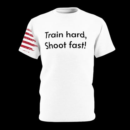 Train Hard, Shoot Fast Unisex Cut & Sew Tee (AOP) - Make Ready Nutrition and 2Alpha